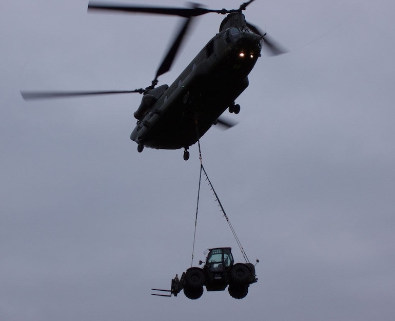 JCB Military Telehandlers can be underslung from a CH-47 Chinook helicopter